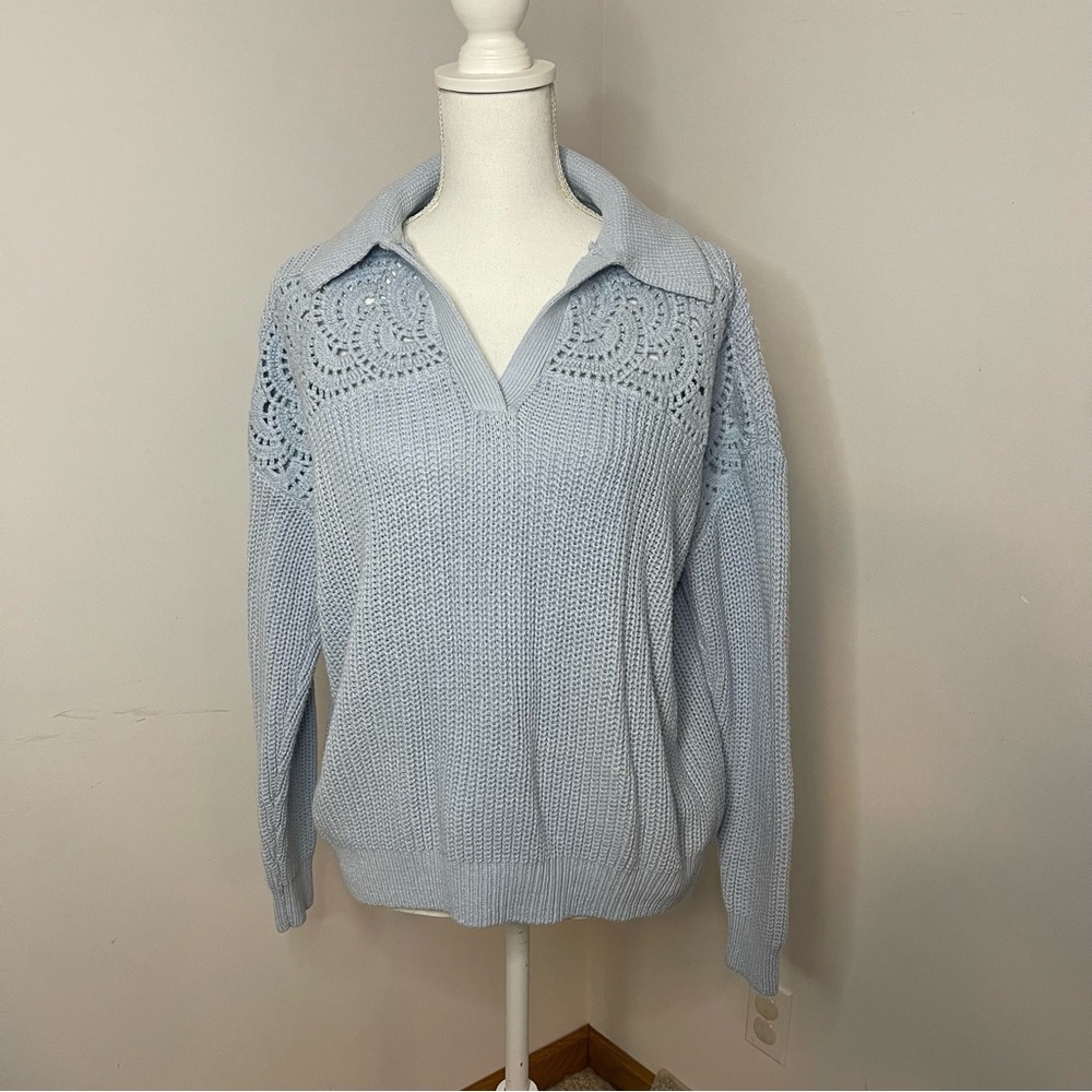 Loft Light Blue crochet yoke split neck sweater